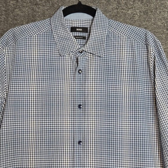 Men's Boss Hugo Boss Regular Fit Sz Large Check / Plaid Blue Long Sleeve Shirt - Picture 2 of 9